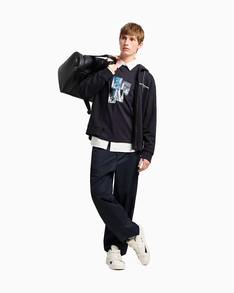 Armani Exchange - Zip-up hoodie with Milan/New York print on the back, Man, Navy Blue, Size: