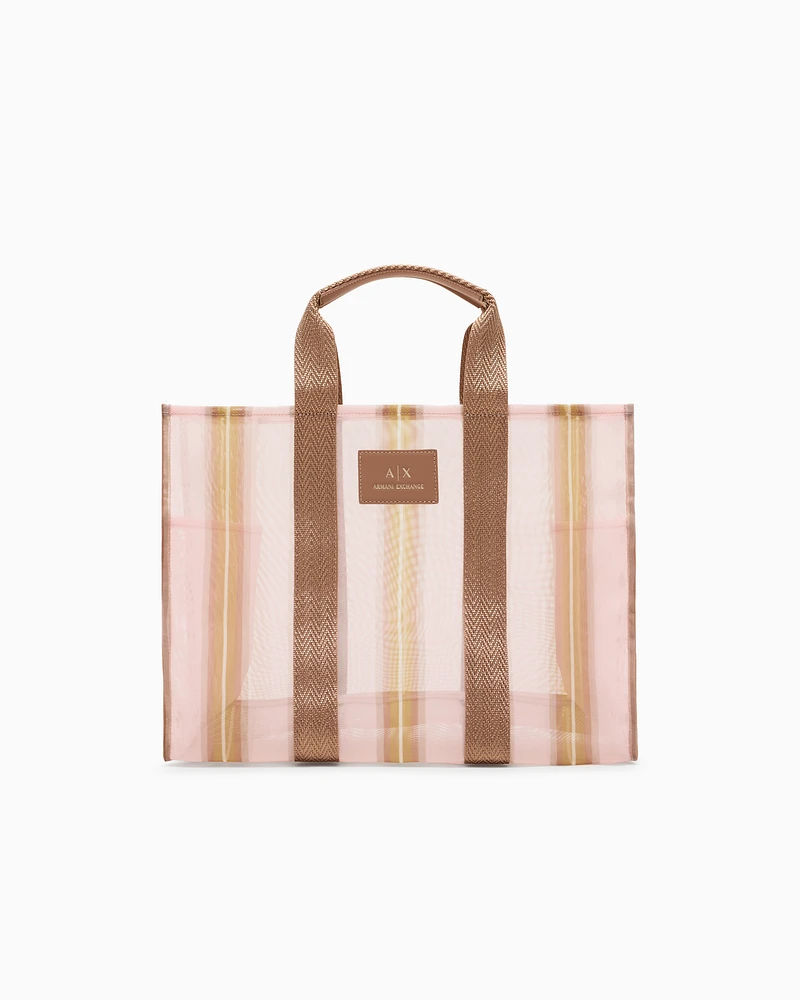Armani Exchange - Transparent striped fabric shopper bag, Woman, Pink, Size: TU
