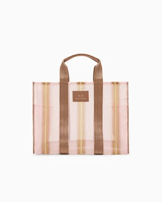 Armani Exchange - Transparent striped fabric shopper bag, Woman, Pink, Size: TU