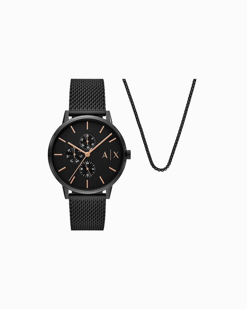Armani Exchange - Armani Exchange Multifunction Black Stainless Steel Watch and Necklace Set, Man, Multicoloured, Size: TU