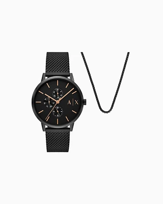 Armani Exchange - Armani Exchange Multifunction Black Stainless Steel Watch and Necklace Set, Man, Multicoloured, Size: TU