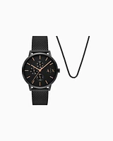 Armani Exchange - Armani Exchange Multifunction Black Stainless Steel Watch and Necklace Set, Man, Multicoloured, Size: TU