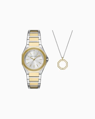 Armani Exchange -  Three-Hand Two-Tone Stainless Steel Watch and Necklace Set, Woman, Multicoloured, Size: TU