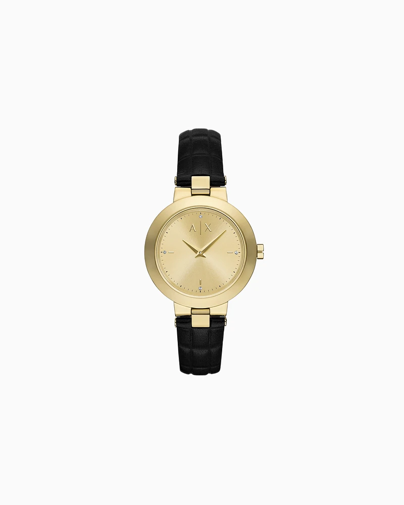 Armani Exchange -  Two-Hand Black Leather Watch, Woman, Multicoloured, Size: TU