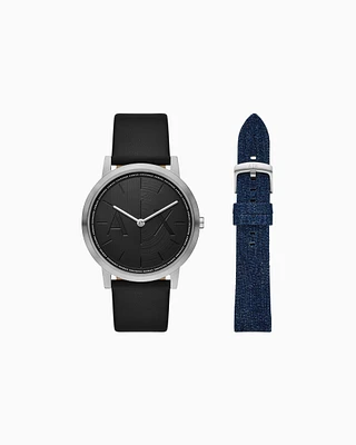 Armani Exchange - Two-Hand Black Leather Watch and Denim Strap Set, Man, Multicoloured, Size: TU