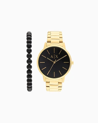 Armani Exchange - Armani Exchange Three-Hand Gold-Tone Stainless Steel Watch and Bracelet Gift Set, Man, Multicoloured, Size: TU