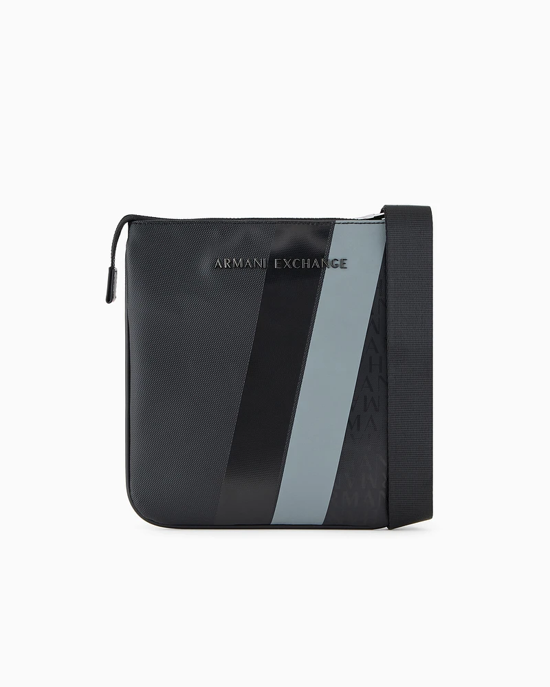 Armani Exchange - Monogram and Stripe Flat Shoulder Bag, Man, Black, Size: TU