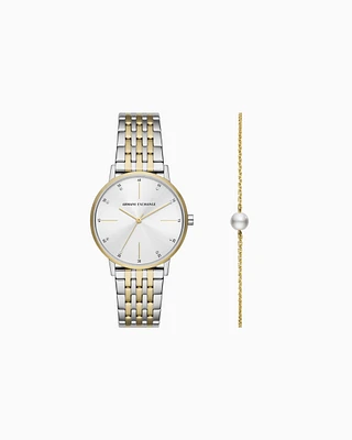 Armani Exchange - Two-tone three-hand stainless steel watch and bracelet set, Woman, Multicoloured, Size: TU