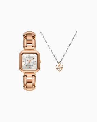 Armani Exchange -  Three-Hand Rose Gold-Tone Stainless Steel Watch and necklace set, Woman, Multicoloured, Size: TU