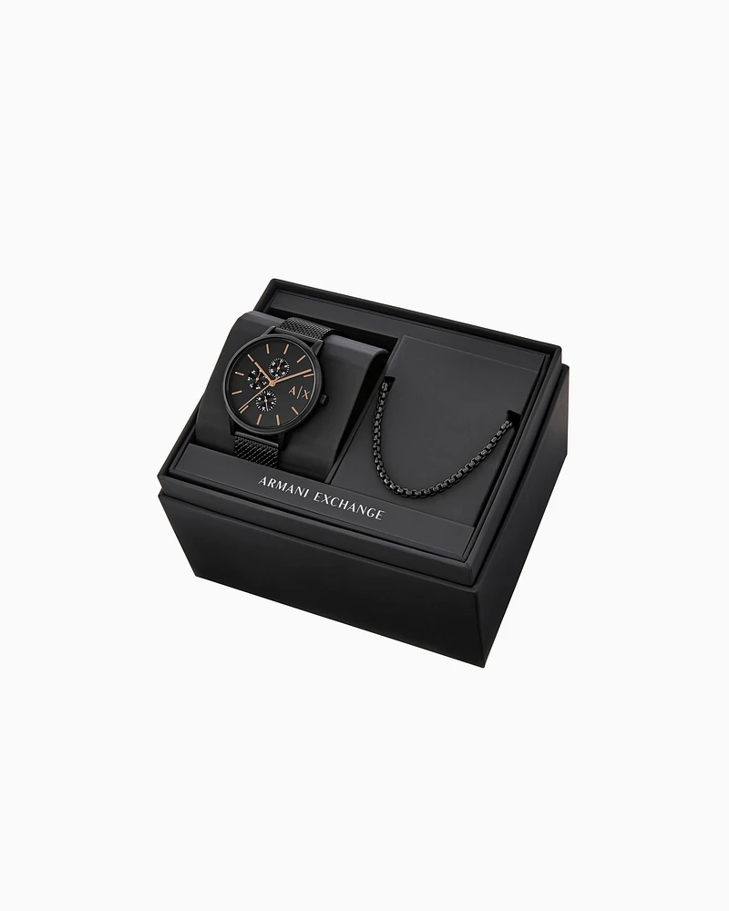 Armani Exchange - Armani Exchange Multifunction Black Stainless Steel Watch and Necklace Set, Man, Multicoloured, Size: TU