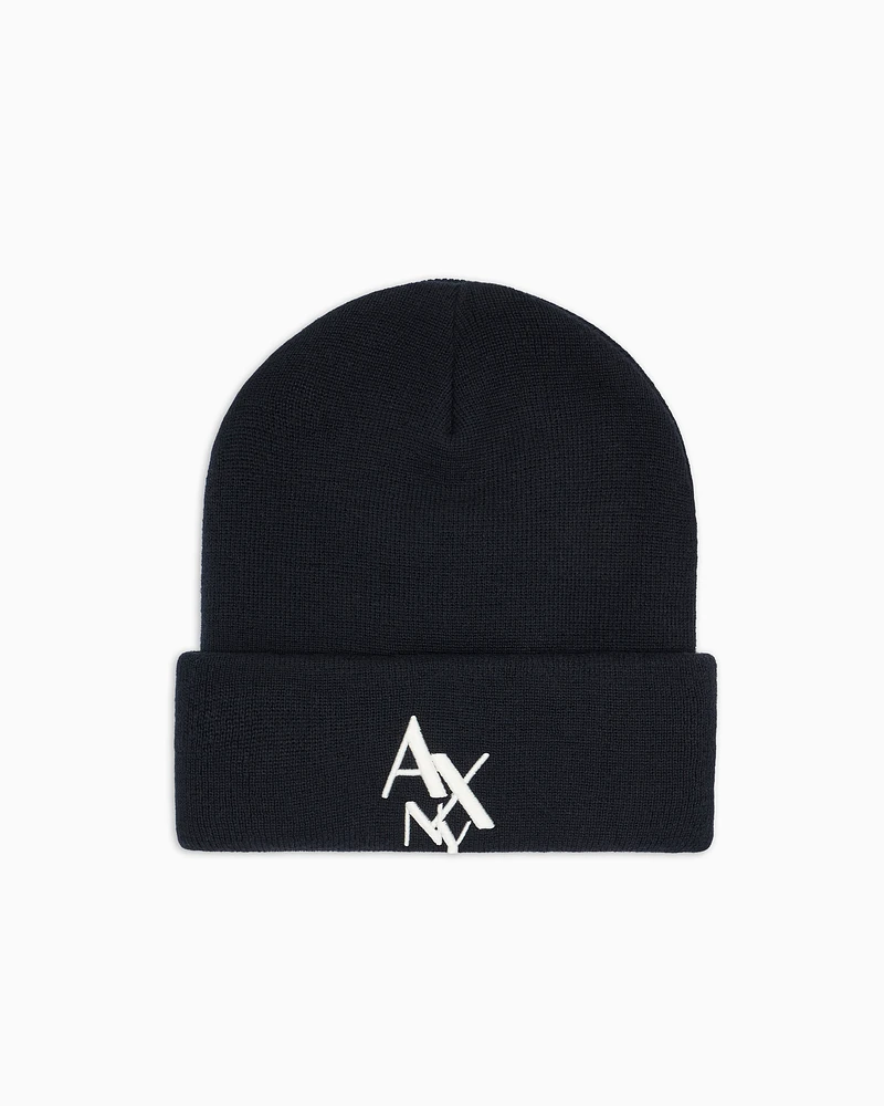 Armani Exchange - NY ASV Logo Beanie Hat, Man, Navy_blue, Size: TU