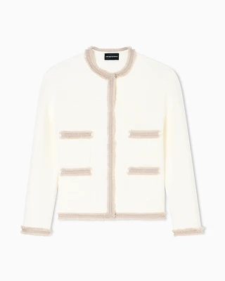 Emporio Armani - Ottoman fabric jacket with fringe trims, Woman, White, Size: