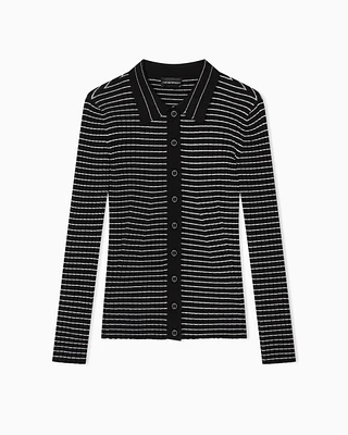 Emporio Armani - Ribbed cardigan with striped motif, Woman, Black, Size: