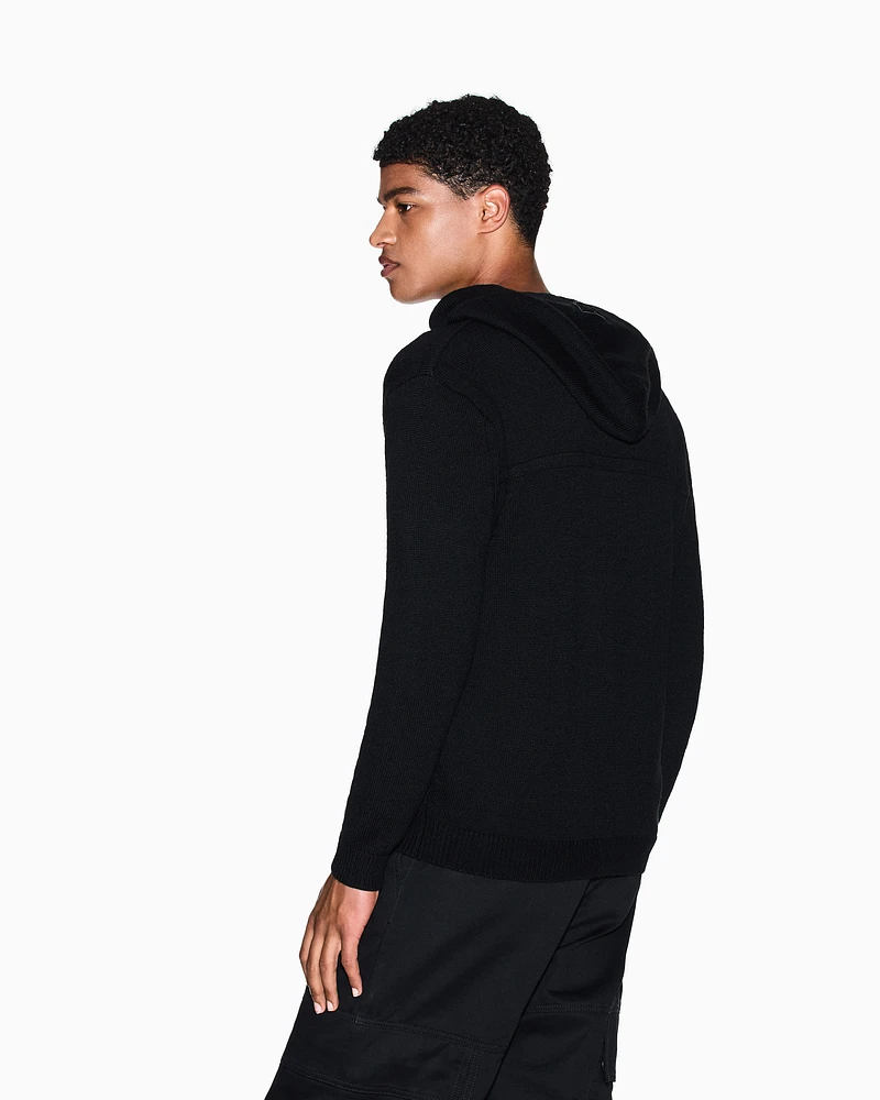 Armani Exchange -  Wool Blend Zip Up Hooded Cardigan, Man, Black, Size: