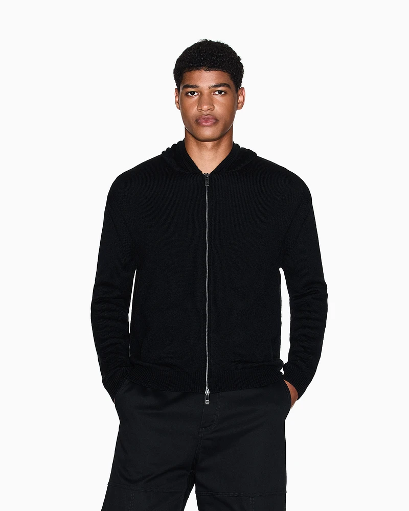 Armani Exchange -  Wool Blend Zip Up Hooded Cardigan, Man, Black, Size: