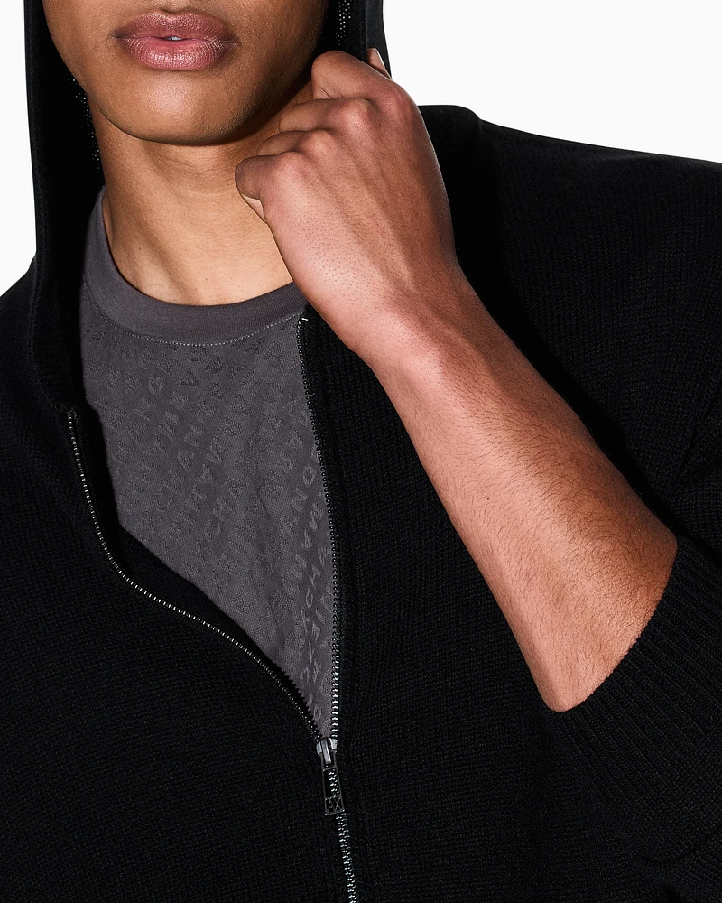 Armani Exchange -  Wool Blend Zip Up Hooded Cardigan, Man, Black, Size: