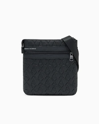 Armani Exchange - Flat shoulder bag with allover logo, Man, Black, Size: TU