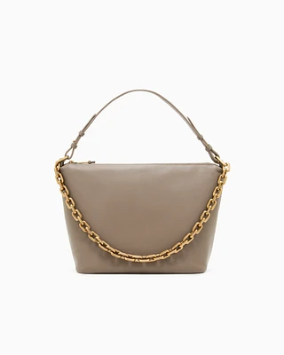 Emporio Armani - Medium leather hobo bag with chain, Woman, Beige, Size: TU