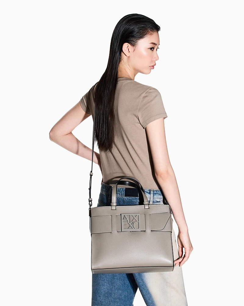 Armani Exchange - Large tote bag with double handles and shoulder strap, Woman, Brown, Size: TU