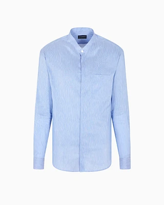 Emporio Armani - Linen and silk blend chambray shirt with guru collar, Man, Light Blue, Size: