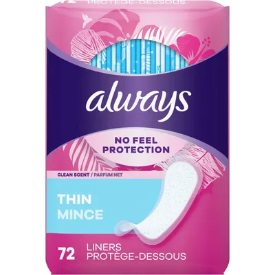 Always Thin No Feel Protection Daily Liners Regular Absorbency Scented, Breathable Layer Helps Keep You Dry, 72 Count