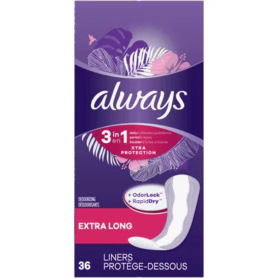 Always 3-in-1 Xtra Protection Daily Liners Extra Long Absorbency, 5x Drier Than Always Thin, 36 Count