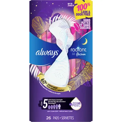 Always Radiant FlexFoam Pads for Women Size 5 Extra Heavy Overnight Absorbency with Wings, 26 Count