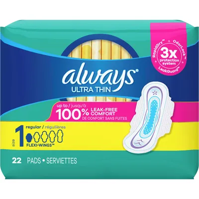 Always Ultra Thin Daytime Pads with Wings, Size 1, Regular, Unscented, 22 Count