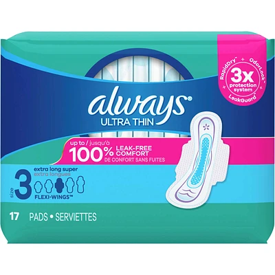 Always Ultra Thin Daytime Pads with Wings, Size 3, Extra Long Super, Unscented, 17 Count