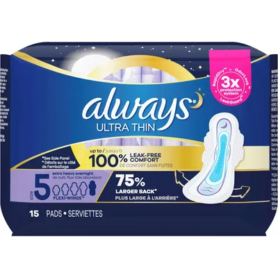 Always Ultra Thin Overnight Pads with Wings, Size 5, Extra Heavy Overnight, Unscented, 15 Count