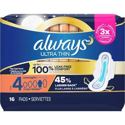 Always Ultra Thin Overnight Pads with Wings, Size 4, Overnight, Unscented, 16 Count