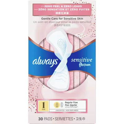 Sensitive FlexFoam Pads for Women, Size 2, Regular Flow Absorbency, Unscented with Wings, 30 ct