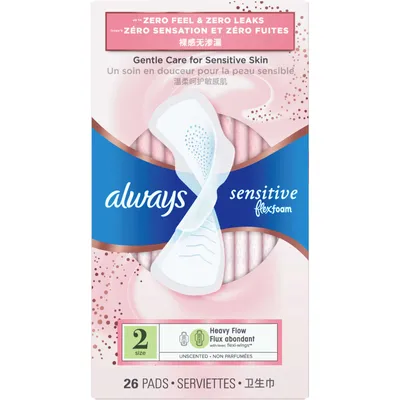 Sensitive FlexFoam Pads for Women, Size 2, Heavy Flow Absorbency, Unscented with Wings, 26 ct