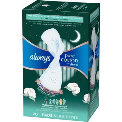 Always Pure Cotton with FlexFoam Pads for Women Size 4 Overnight Absorbency, Up to 12 hours Zero Leaks, Zero Feel Protection, with Wings, 20 Count