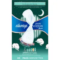 Always Pure Cotton with FlexFoam Pads for Women Size 4 Overnight Absorbency, Up to 12 hours Zero Leaks, Zero Feel Protection, with Wings, 20 Count