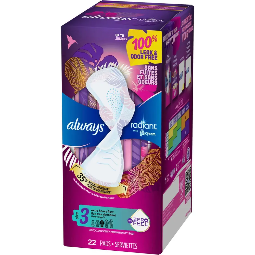 Always Radiant FlexFoam Pads for Women Size 3, Extra Heavy Flow Absorbency,  100% Leak & Odor Free Protection is possible, with Wings, Scented, 22 Count