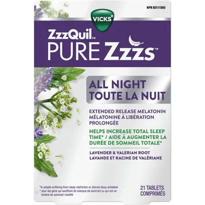 ZzzQuil PURE Zzzs All Night Extended Release, Melatonin Sleep Aid Tablets, Releases up to 6 hours, Sleep Aid for Adults, 2 mg per tablet, 21 Tablets