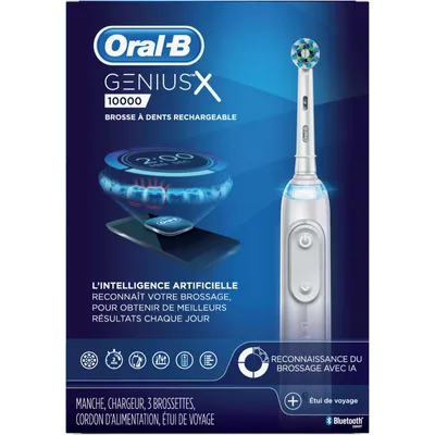 Genius X 10000, Rechargeable Electric Toothbrush with Artificial Intelligence, 3 Replacement Brush Heads, 1 Travel Case, White