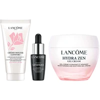 Hydra Zen Anti-Stress Gel Cream, Génifique Youth Activating Serum and Crème Mousse Confort Cleanser Set with Rose, Salicylic Acid and Hyaluronic Acid