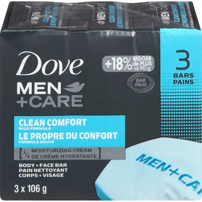 Dove Men+Care Body and Face Bar for clean and smooth skin Clean Comfort ¼ moisturizing cream 106 g Pack of 3
