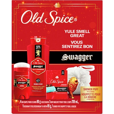 Yule Smell Great Swagger Gift Set with Bodywash, Bar Soap 4 ct, Deodorant and Shower Puff