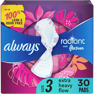 Radiant Feminine Pads for Women, Size 3 Heavy, with Wings, Light Clean Scent