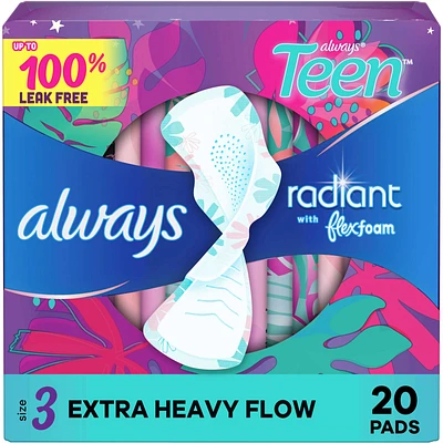 Radiant Teen Pads, Size 3, Extra Heavy, with Wings, Unscented