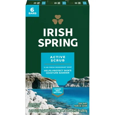 Irish Spring Active Scrub Deodorant Bar Soap for Men, 104.7 g, 6 Pack