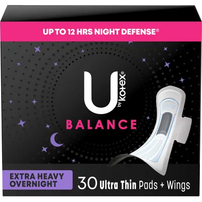 U by Kotex Balance Ultra Thin Overnight Pads with Wings, Extra Heavy Absorbency