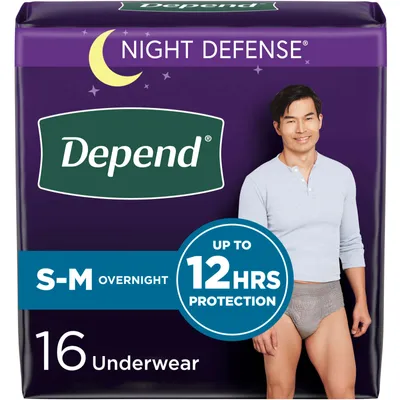 Depend Night Defense Incontinence Underwear for Men, Overnight, Size S/M, 16 Count