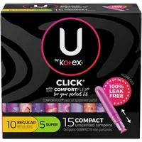 U by Kotex Click Compact Multipack Tampons, Regular/Super, Unscented, 15 Count