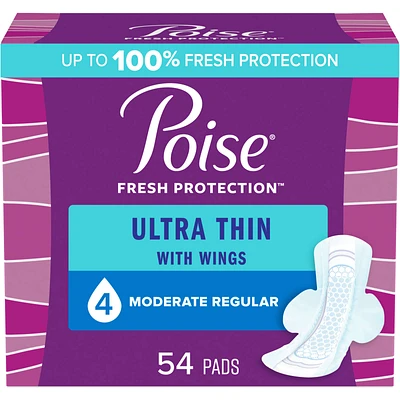 Poise Ultra Thin Postpartum Incontinence Pads with Wings, Moderate Absorbency, Regular Length, 54 Count