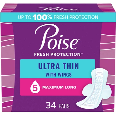 Poise Ultra Thin Postpartum Incontinence Pads, Maximum Absorbency, Long Length, 20 Count