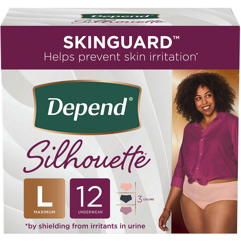 Depend Silhouette Adult Incontinence Underwear for Women, Maximum Absorbency, Large, Pink/Black/Berry, 12 Count